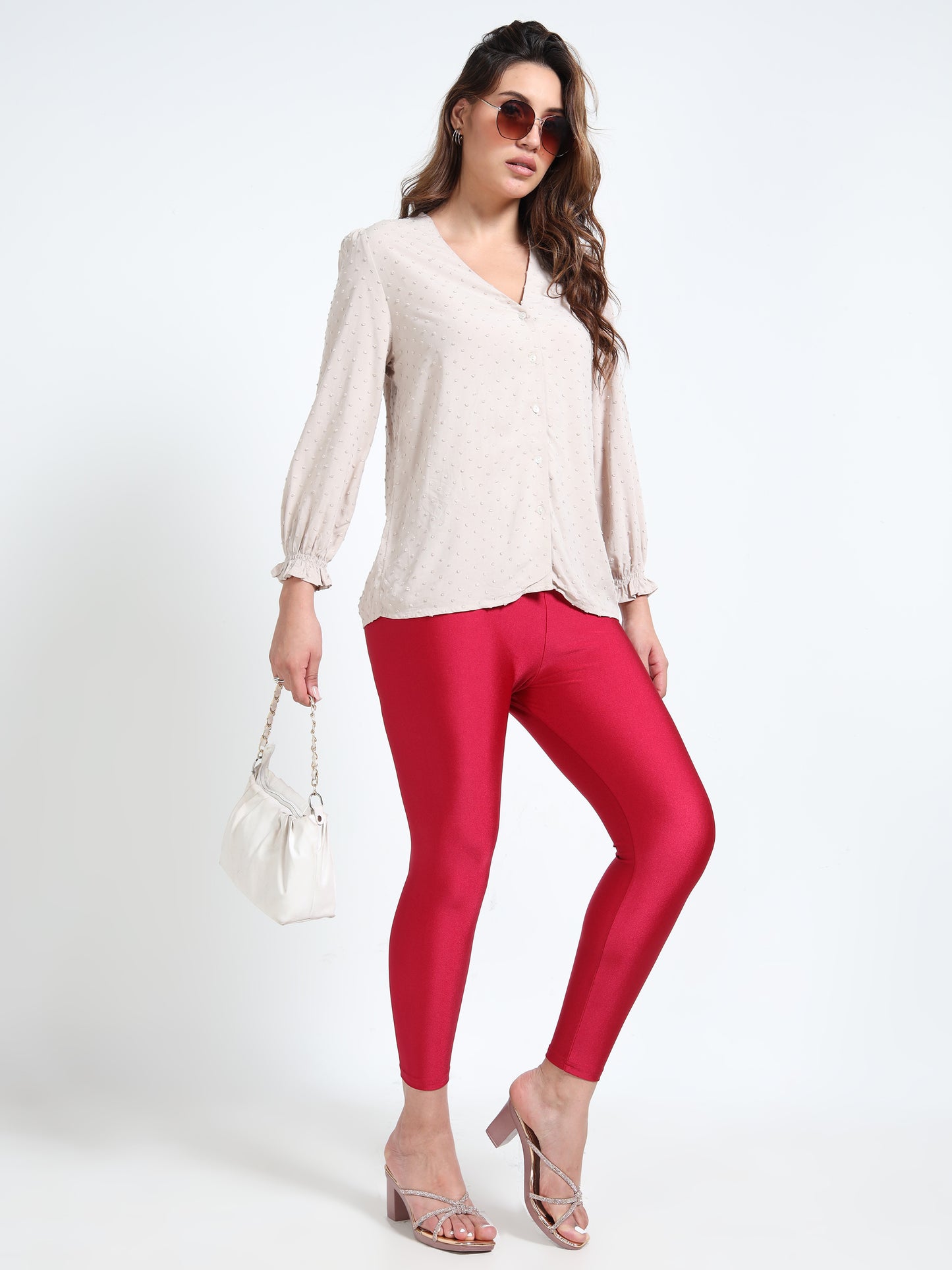 Nylon Shimmer Leggings Spandex for Women - Dark Red