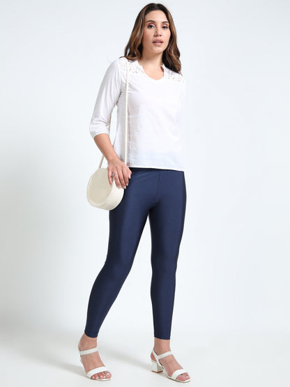Nylon Shimmer Leggings Spandex for Women - Navy Blue